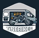 Logo avec camping-car et moto, texte "TINEBIKER".