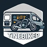 Logo avec camping-car et moto, texte "TINEBIKER".